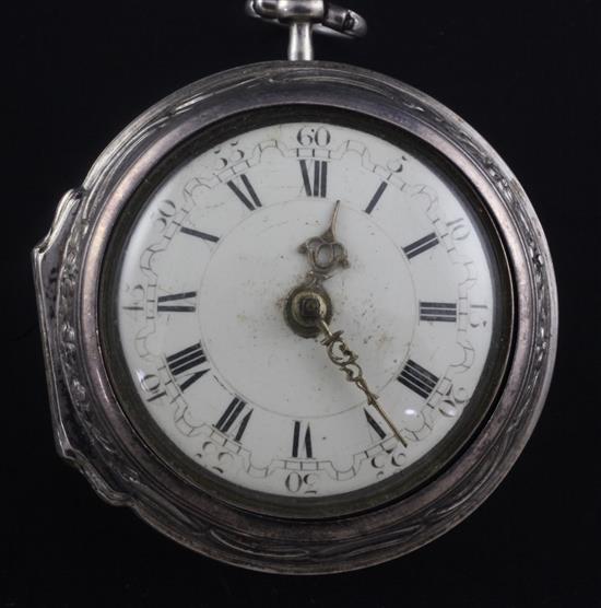 An 18th century repousse silver pair cased keywind verge pocket watch by J. Worke, London,